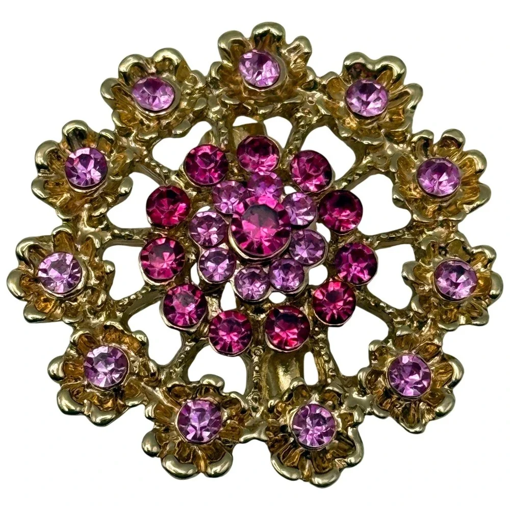 Vintage Pink Rhinestone Floral Brooch Gold Tone Flower Pin Costume Jewelry Gift